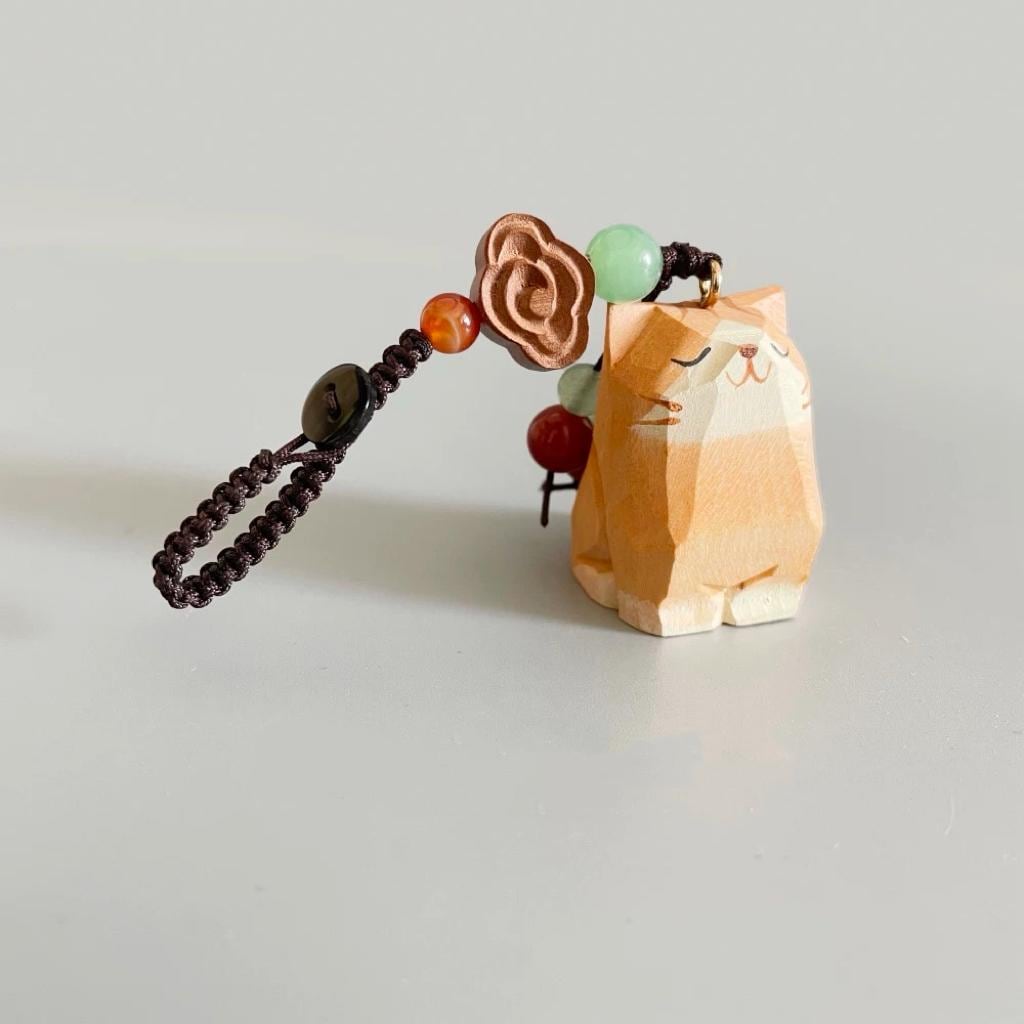 Japanese Style Wooden Cat Pendant, Hand Carved Lucky Cloud Cat Keychain, Cute Cat Bag Charm, Phone Charm, Animal Keychain Gift