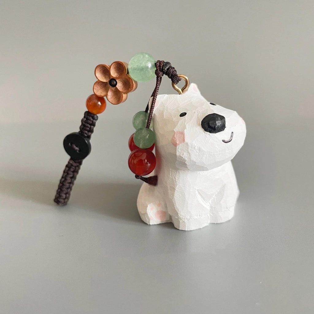 Japanese Style Wooden West Highland Terrier Keychain, Hand Carved White Dog Pendant, Cute Westie Dog Bag Charm, Mini Dog Figurine Gift