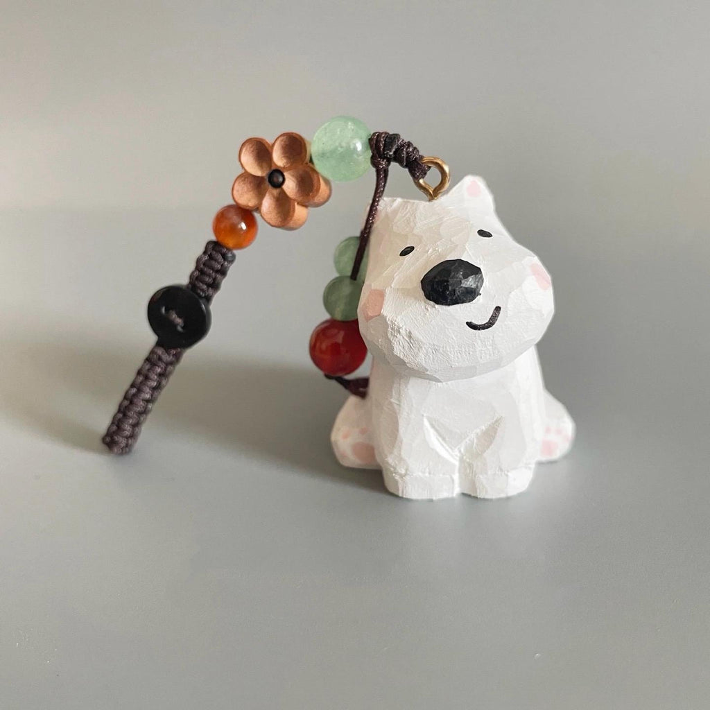 Japanese Style Wooden West Highland Terrier Keychain, Hand Carved White Dog Pendant, Cute Westie Dog Bag Charm, Mini Dog Figurine Gift