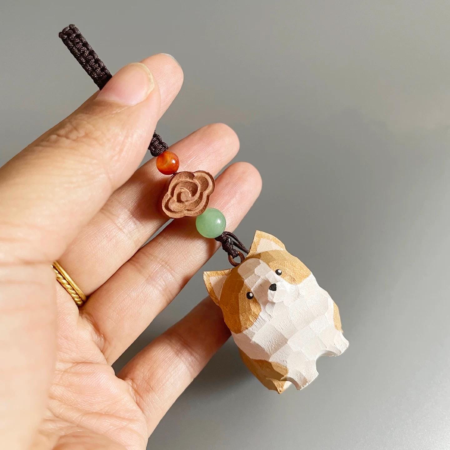 Japanese Style Wooden Corgi Keychain, Hand Carved Corgi Dog Charm, Cute Corgi Bag Charm, Mini Dog Pendant, Gift for Dog Lovers