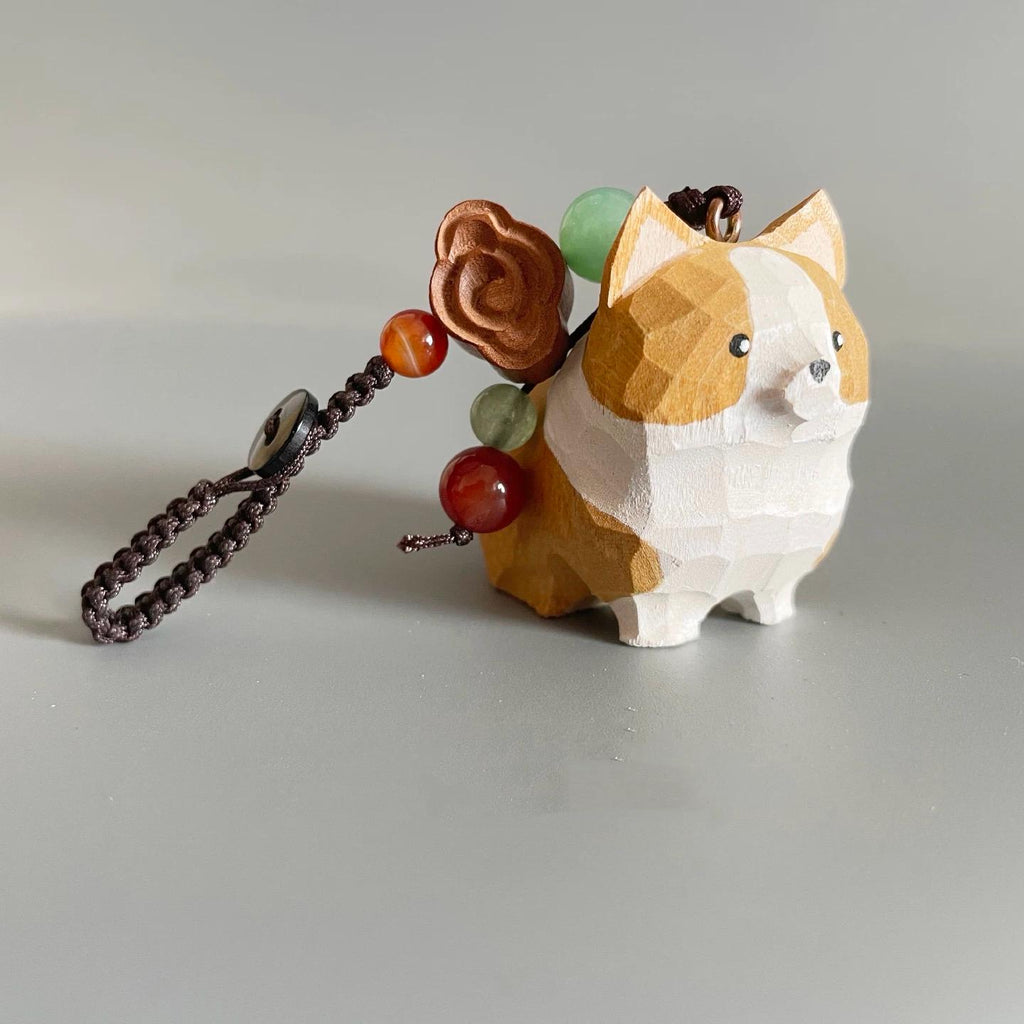 Japanese Style Wooden Corgi Keychain, Hand Carved Corgi Dog Charm, Cute Corgi Bag Charm, Mini Dog Pendant, Gift for Dog Lovers