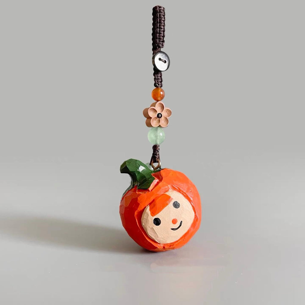 Japanese Style Wooden Persimmon Doll Keychain, Hand Carved Kaki Pendant, Cute Fruit Bag Charm, Mini Gift for Her, Handmade Charm