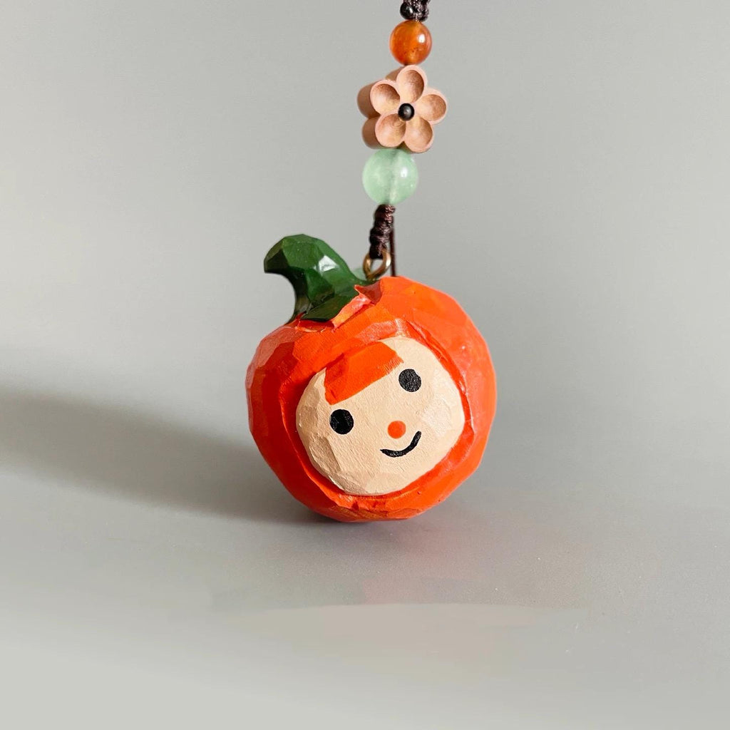 Japanese Style Wooden Persimmon Doll Keychain, Hand Carved Kaki Pendant, Cute Fruit Bag Charm, Mini Gift for Her, Handmade Charm