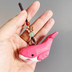 Japanese Style Wooden Pink Whale Keychain, Hand Carved Linden Wood Whale Pendant, Cute Ocean Animal Bag Charm, Handmade Whale Gift