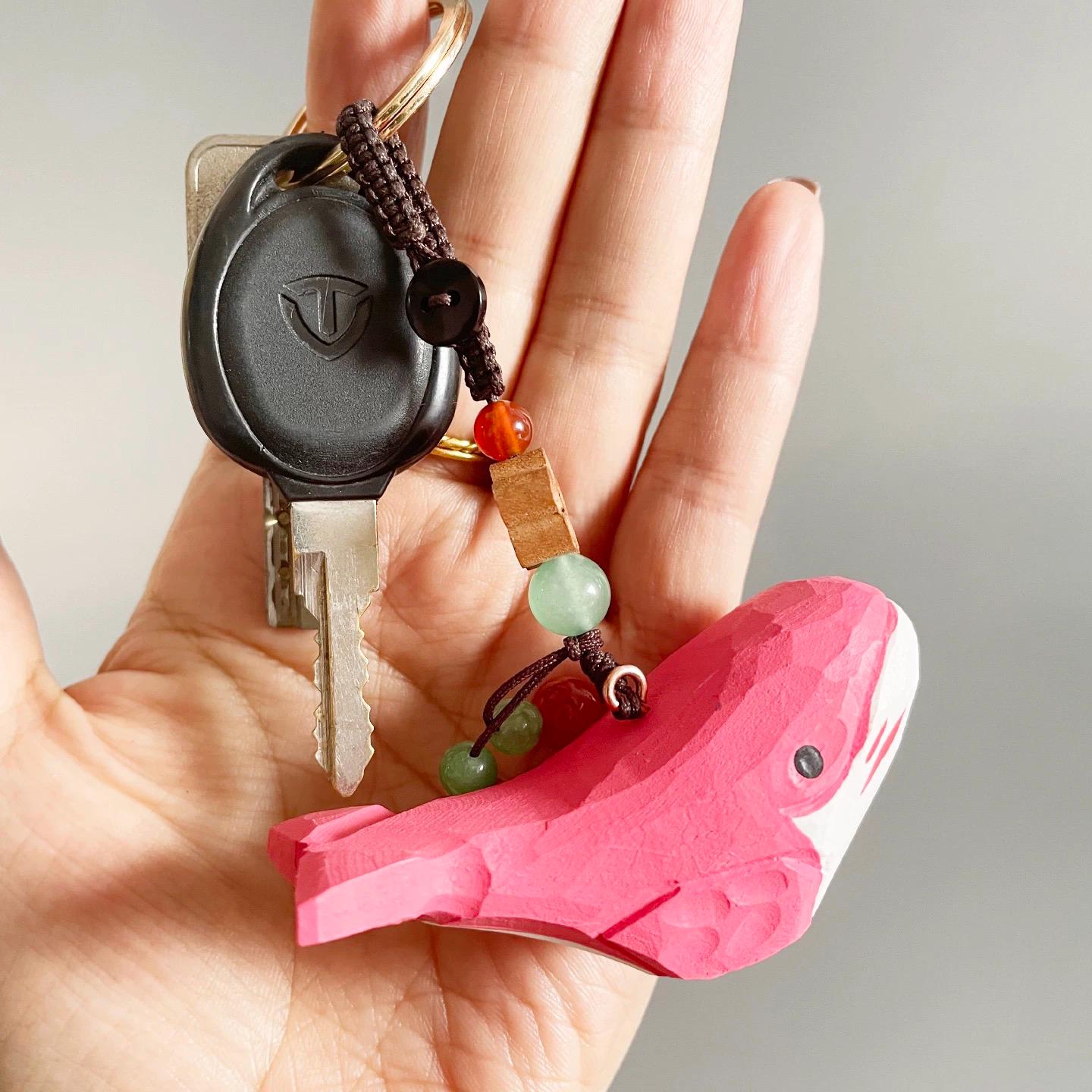 Japanese Style Wooden Pink Whale Keychain, Hand Carved Linden Wood Whale Pendant, Cute Ocean Animal Bag Charm, Handmade Whale Gift