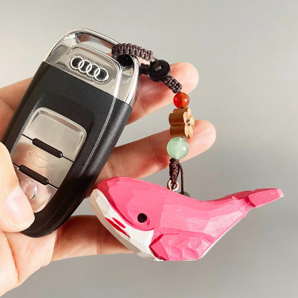 Japanese Style Wooden Pink Whale Keychain, Hand Carved Linden Wood Whale Pendant, Cute Ocean Animal Bag Charm, Handmade Whale Gift