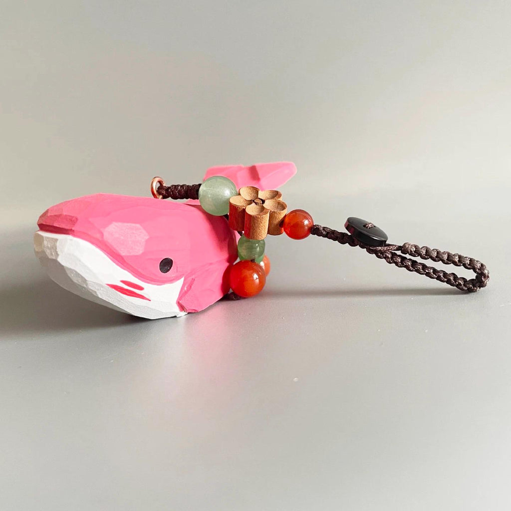 Japanese Style Wooden Pink Whale Keychain, Hand Carved Linden Wood Whale Pendant, Cute Ocean Animal Bag Charm, Handmade Whale Gift