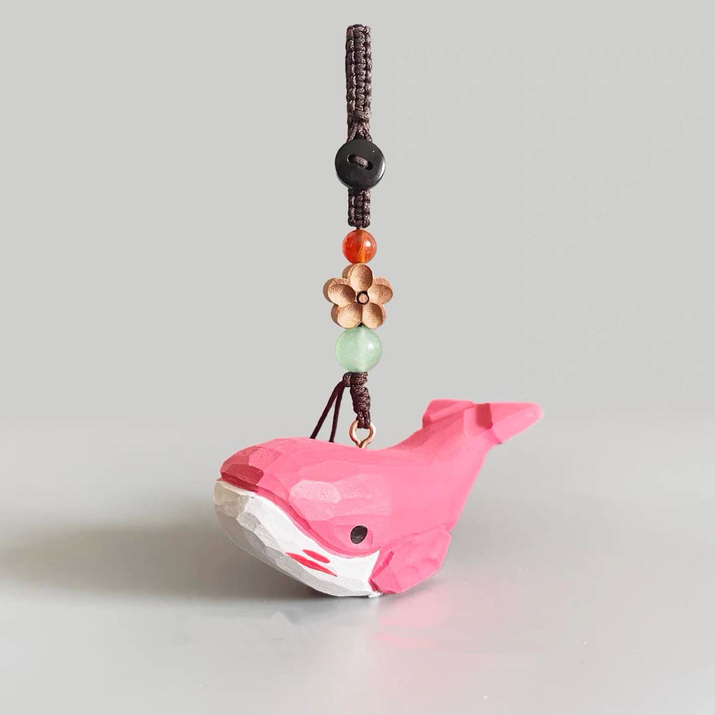 Japanese Style Wooden Pink Whale Keychain, Hand Carved Linden Wood Whale Pendant, Cute Ocean Animal Bag Charm, Handmade Whale Gift
