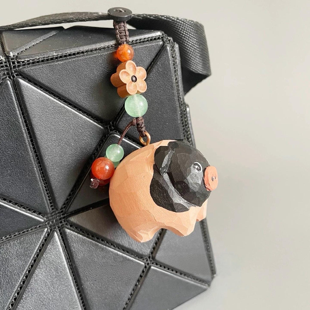 Japanese Style Wooden Handmade Pig Keychain, Hand Carved Pig Pendant, Cute Pig Bag Charm, Mini Animal Keyring Gift