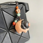 Japanese Style Wooden Handmade Pig Keychain, Hand Carved Pig Pendant, Cute Pig Bag Charm, Mini Animal Keyring Gift