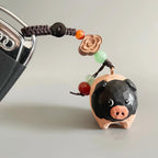 Japanese Style Wooden Handmade Pig Keychain, Hand Carved Pig Pendant, Cute Pig Bag Charm, Mini Animal Keyring Gift