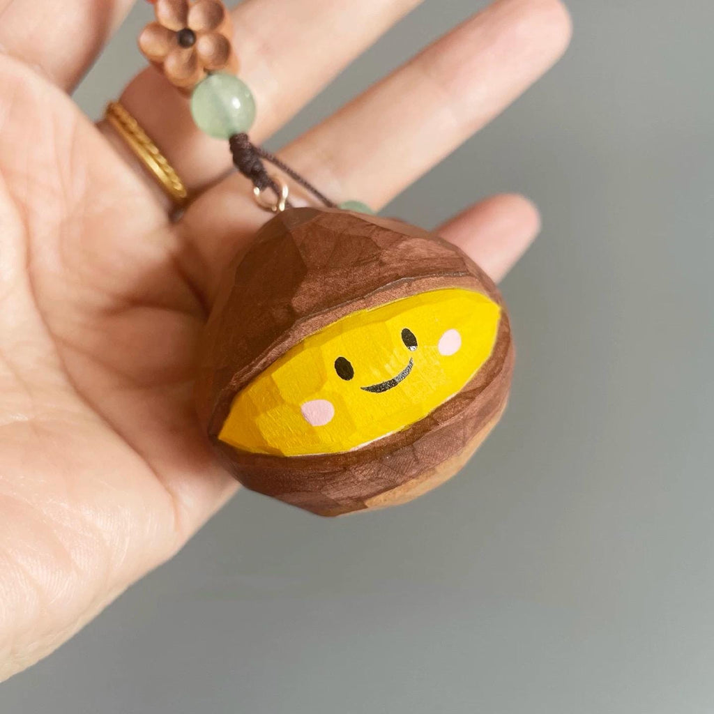 Japanese Style Wooden Chestnut Keychain, Hand Carved Lucky Chestnut Pendant, Cute Kuri Bag Charm, Handmade Good Luck Gift