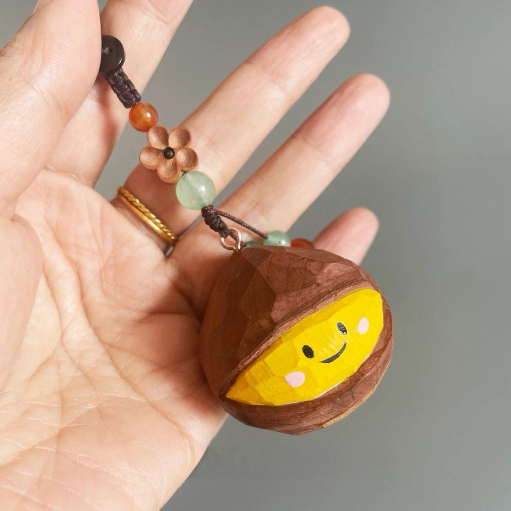 Japanese Style Wooden Chestnut Keychain, Hand Carved Lucky Chestnut Pendant, Cute Kuri Bag Charm, Handmade Good Luck Gift
