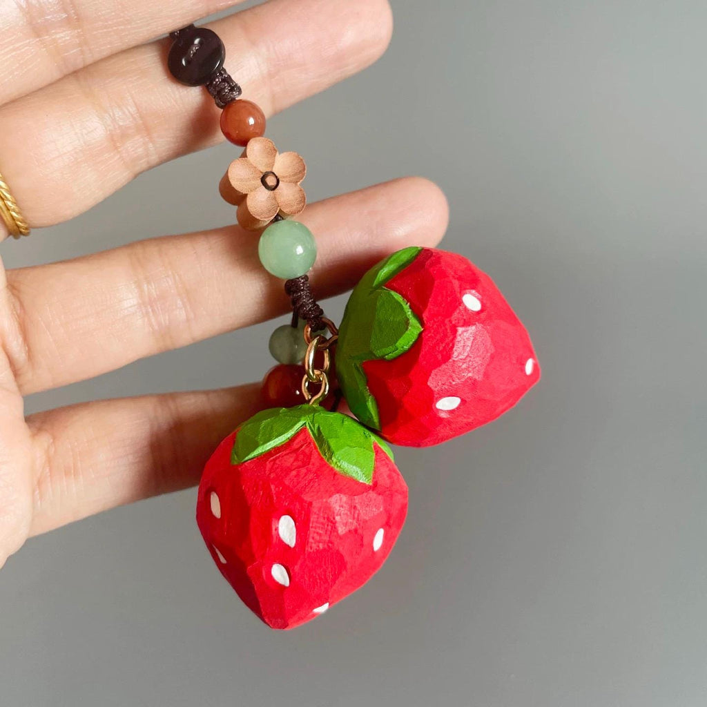 Japanese Style Wooden Strawberry Pendant, Hand Carved Strawberry Keychain, Cute Fruit Bag Charm, Handmade Strawberry Charm, Gift for Her