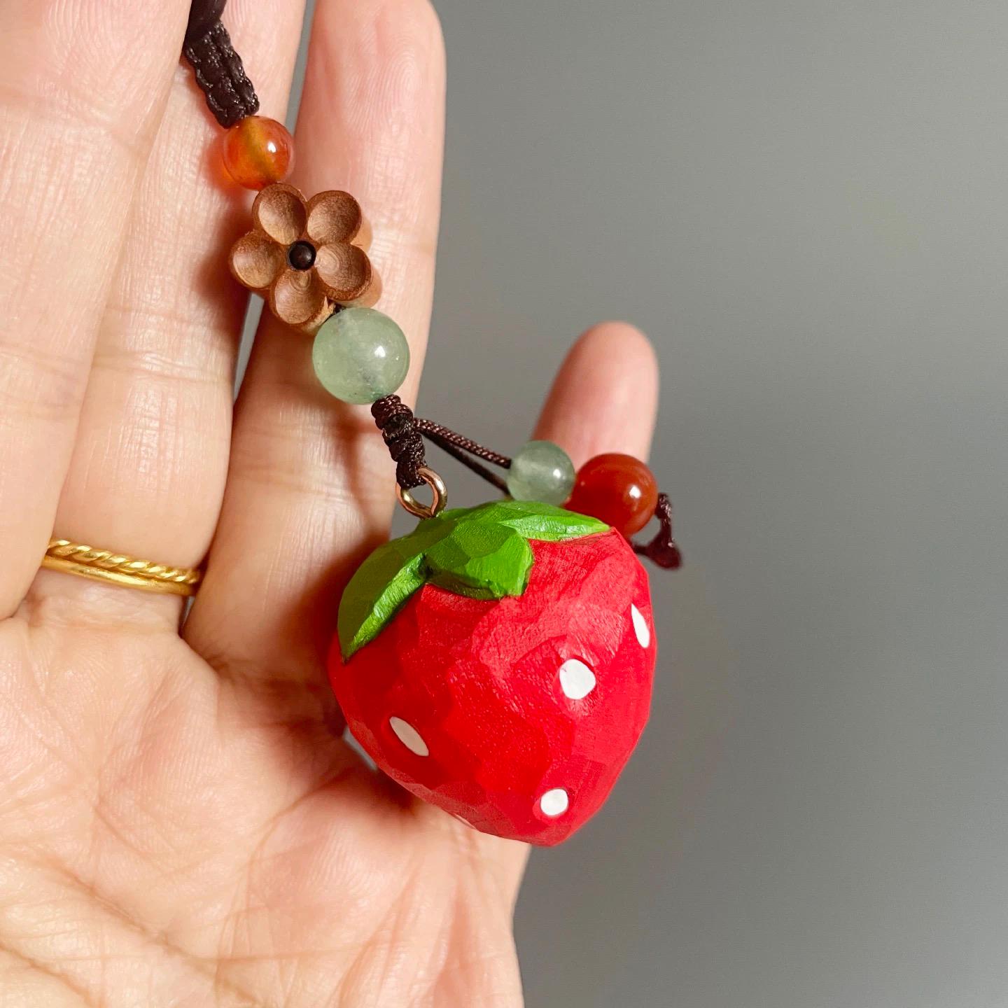 Japanese Style Wooden Strawberry Pendant, Hand Carved Strawberry Keychain, Cute Fruit Bag Charm, Handmade Strawberry Charm, Gift for Her