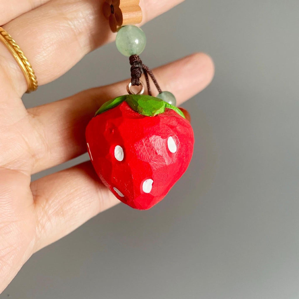 Japanese Style Wooden Strawberry Pendant, Hand Carved Strawberry Keychain, Cute Fruit Bag Charm, Handmade Strawberry Charm, Gift for Her