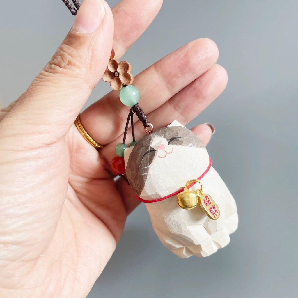 Japanese Wooden British Shorthair Cat Keychain, Hand Carved Lucky Cat Pendant, Chubby Kitty Bag Charm, Animal Keyring, Gift for Cat Lovers