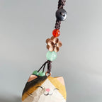 Japanese Style Wooden Lucky Calico Cat Keychain, Hand Carved Maneki Neko Pendant, Woven Three-Color Cat Bag Charm, Prosperity Gift Charm