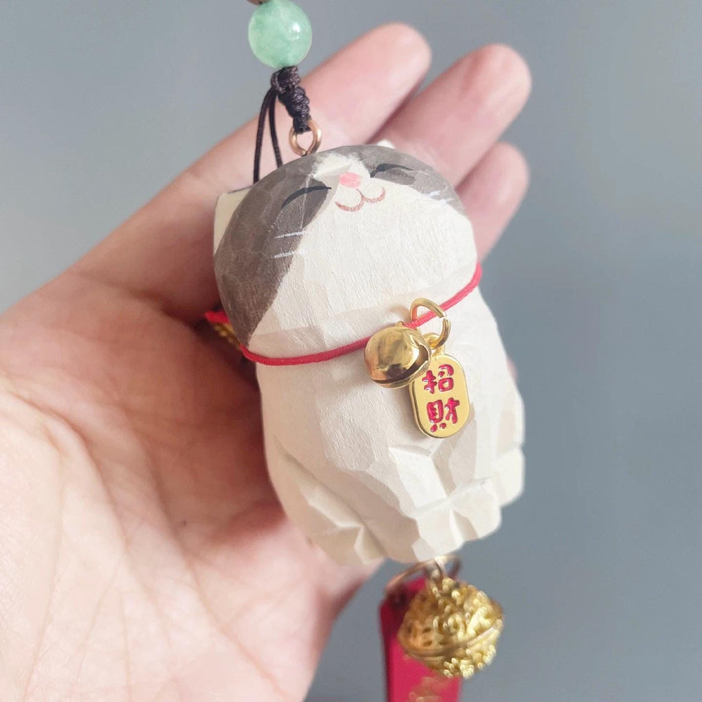 Japanese Wooden British Shorthair Lucky Cat Rearview Mirror Charm, Hand Carved Cat Pendant, Car Hanging Ornament, Mirror Decor, Gift