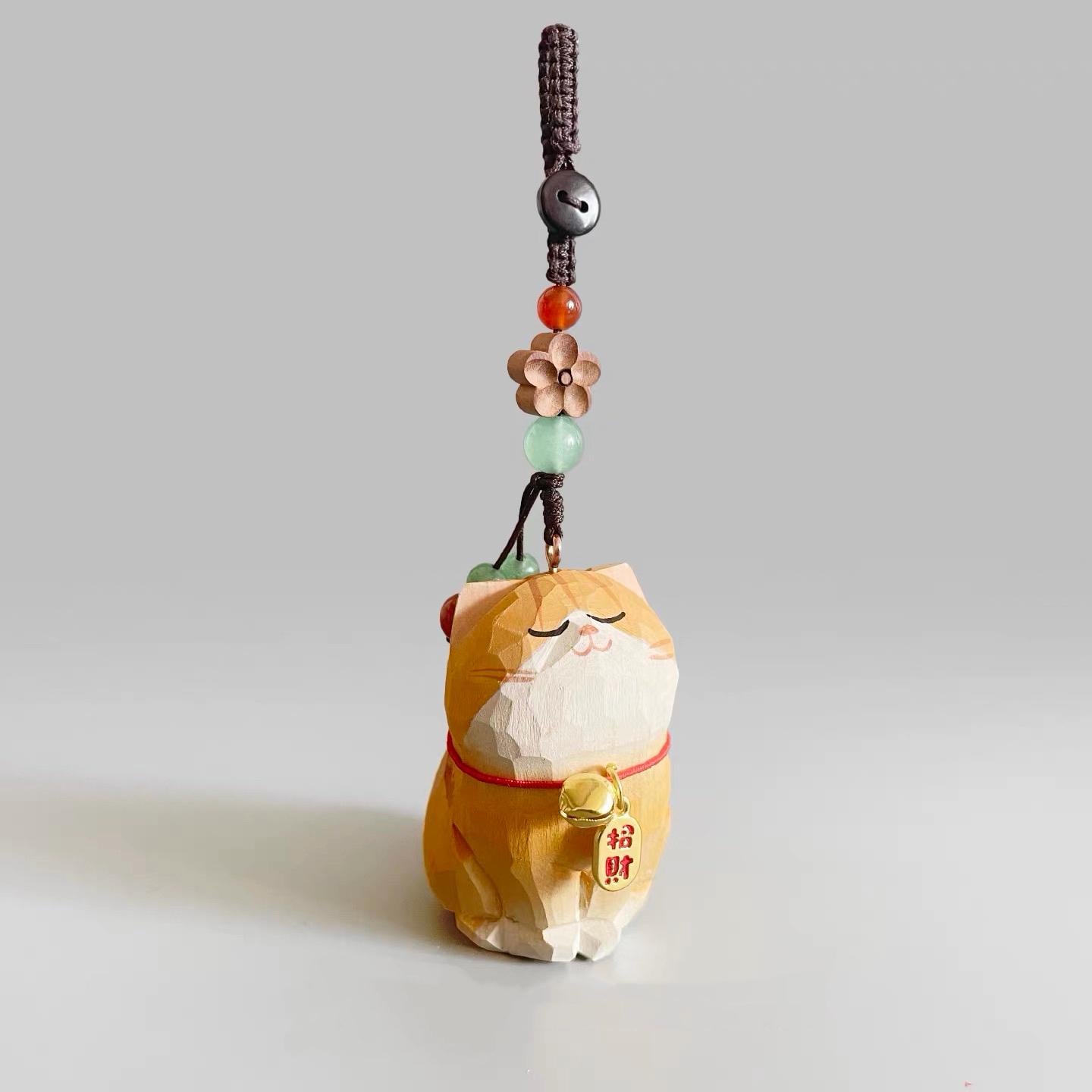 Japanese Style Wooden Lucky Orange Tabby Cat Keychain, Hand Carved Maneki Neko Pendant, Cute Ginger Cat Bag Charm, Fortune Hanging Gift