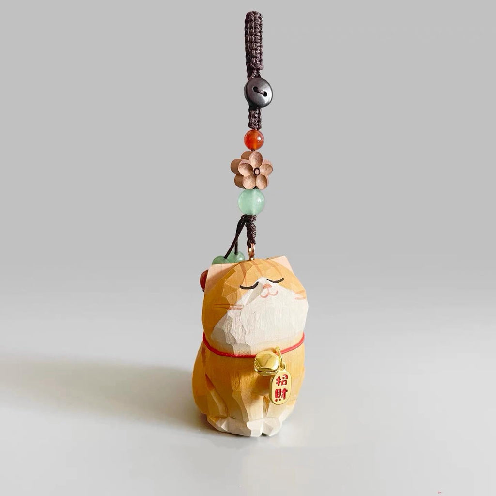 Japanese Style Wooden Lucky Orange Tabby Cat Keychain, Hand Carved Maneki Neko Pendant, Cute Ginger Cat Bag Charm, Fortune Hanging Gift