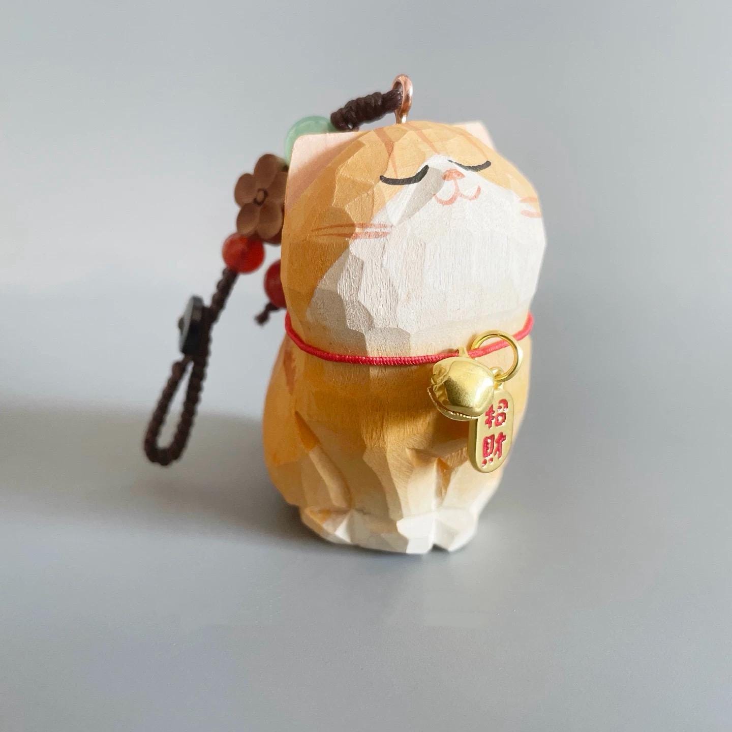 Japanese Style Wooden Lucky Orange Tabby Cat Keychain, Hand Carved Maneki Neko Pendant, Cute Ginger Cat Bag Charm, Fortune Hanging Gift