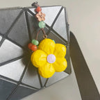 Japanese Style Wooden Lucky Flower Keychain, Hand Carved Yellow Blossom Pendant, Prosperity Flower Bag Charm, Floral Hanging Pendant Gift