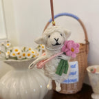 Japanese Handmade Style Lucky Lamb Wool Felt Pendant, Sheep Bag Charm, Pink Flower Lamb Keychain, Cute Animal Hanging Ornament Gift