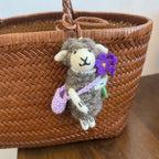 Japanese Style Lucky Brown Lamb Wool Felt Pendant, Handmade Sheep Bag Charm, Purple Flower Sheep Keychain, Cute Animal Hanging Ornament Gift
