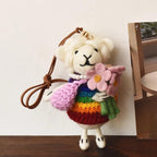Japanese Style Lucky Rainbow Lamb Wool Felt Pendant, Handmade Sheep Bag Charm, Cute Animal Keychain, Flower Lamb Hanging Ornament Gift
