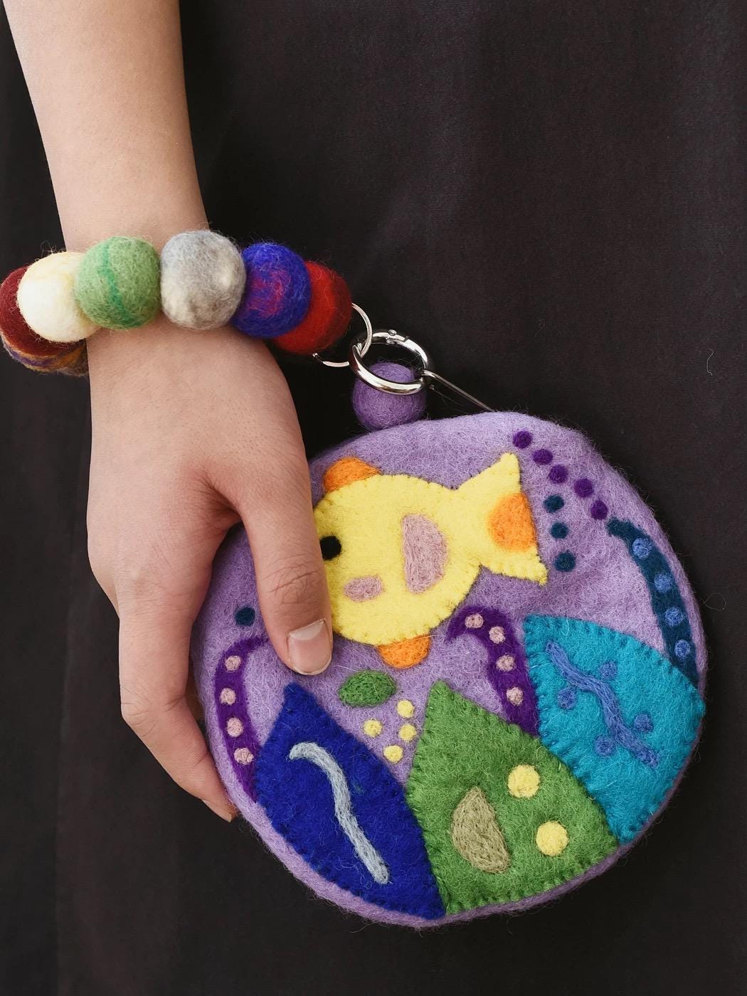Japanese Style Lucky Felt Fish Coin Purse, Handmade Wool Felt Round Pouch, Cute Cartoon Zipper Wallet, Colorful Wrist Bag Charm Gift