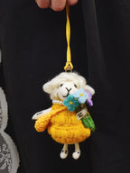Japanese Style Lucky Felt Sheep Pendant, Handmade Wool Felt Flower Lamb Bag Charm, Cute Animal Keychain Gift, Pink & Yellow Outfit Lamb