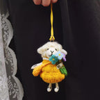 Japanese Style Lucky Felt Sheep Pendant, Handmade Wool Felt Flower Lamb Bag Charm, Cute Animal Keychain Gift, Pink & Yellow Outfit Lamb