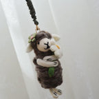 Japanese Style Lucky Felt Sheep Pendant, Handmade Brown Lamb with White Flower Charm, Wool Felt Animal Bag Charm, Cute Sheep Keychain Gift