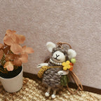 Japanese Style Lucky Felt Sheep Pendant, Handmade Brown Lamb with Yellow Flower, Wool Felt Animal Bag Charm, Cute Sheep Keychain Gift