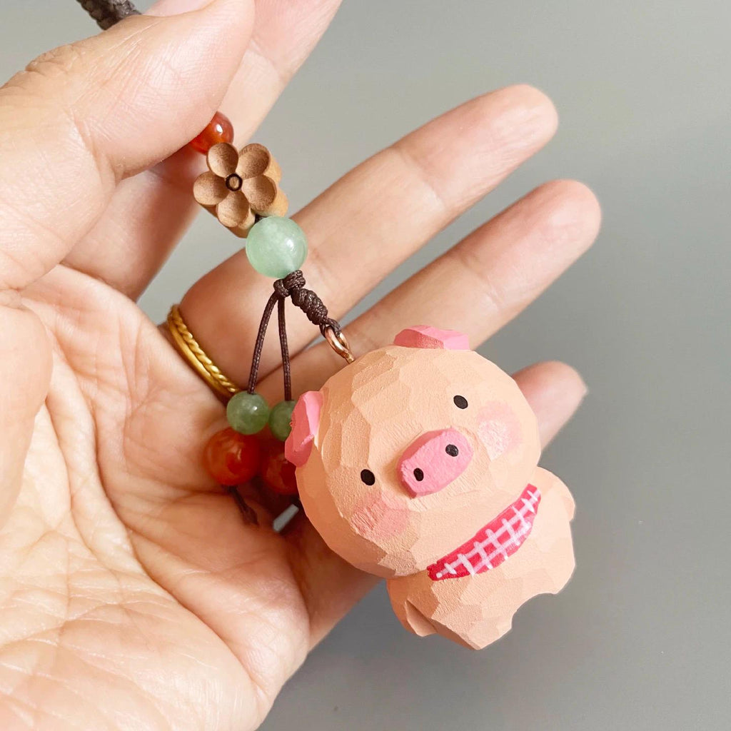 Japanese Style Hand Carved Pig Keychain, Wooden Pig Pendant, Cute Bag Charm, Lucky Pig Ornament, Hand Painted Animal Gift, Backpack Charm