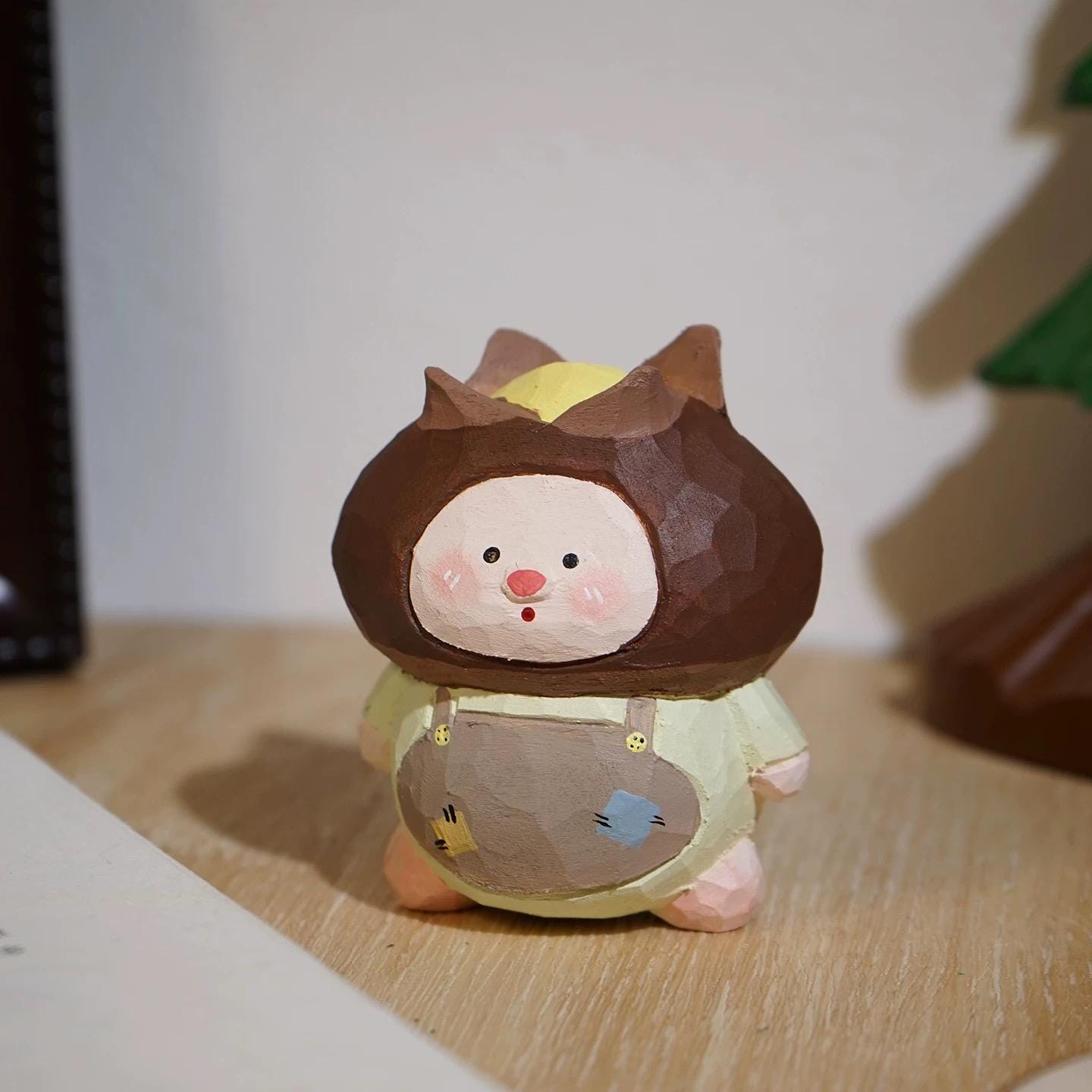 Japanese Style Sweet Chestnut Doll, Hand Carved Linden Wood Figurine, Kawaii Wooden Desk Decor, Hand Painted Mini Ornament, Cute Gift