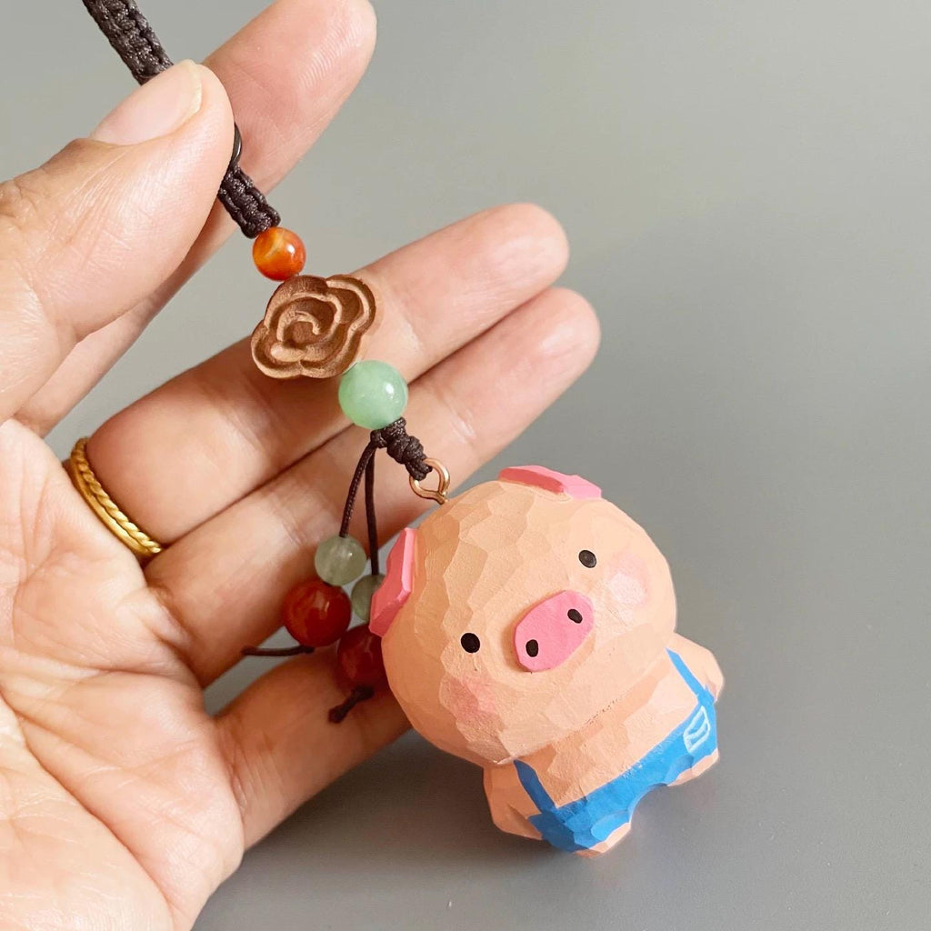 Japanese Style Hand Carved Pig Pendant, Wooden Pig Keychain, Cute Pig Bag Charm, Lucky Pig Backpack Charm, Hand Painted Animal Ornament Gift