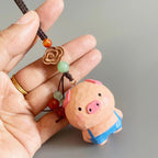 Japanese Style Hand Carved Pig Pendant, Wooden Pig Keychain, Cute Pig Bag Charm, Lucky Pig Backpack Charm, Hand Painted Animal Ornament Gift