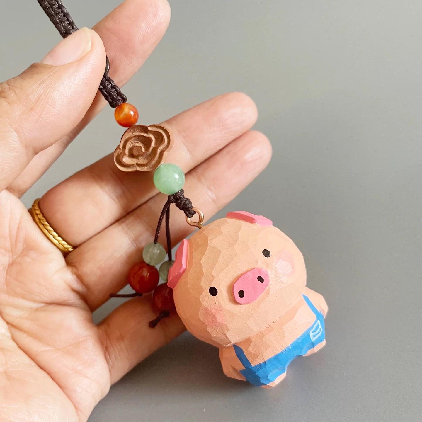 Japanese Style Hand Carved Pig Pendant, Wooden Pig Keychain, Cute Pig Bag Charm, Lucky Pig Backpack Charm, Hand Painted Animal Ornament Gift
