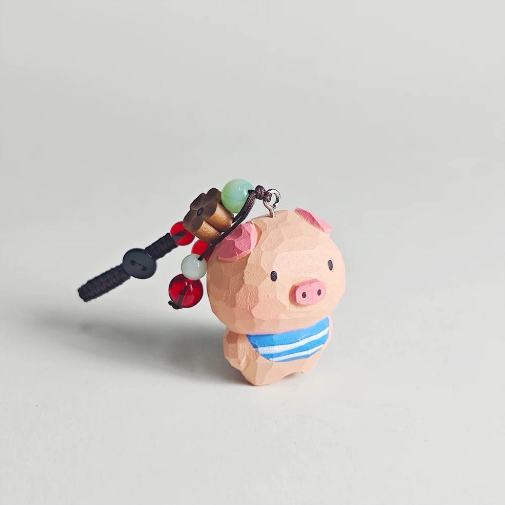 Japanese Style Hand Carved Pig Pendant, Wooden Pig Keychain, Cute Pig Bag Charm, Blue Scarf Pig Charm, Animal Backpack Pendant, Lucky Gift