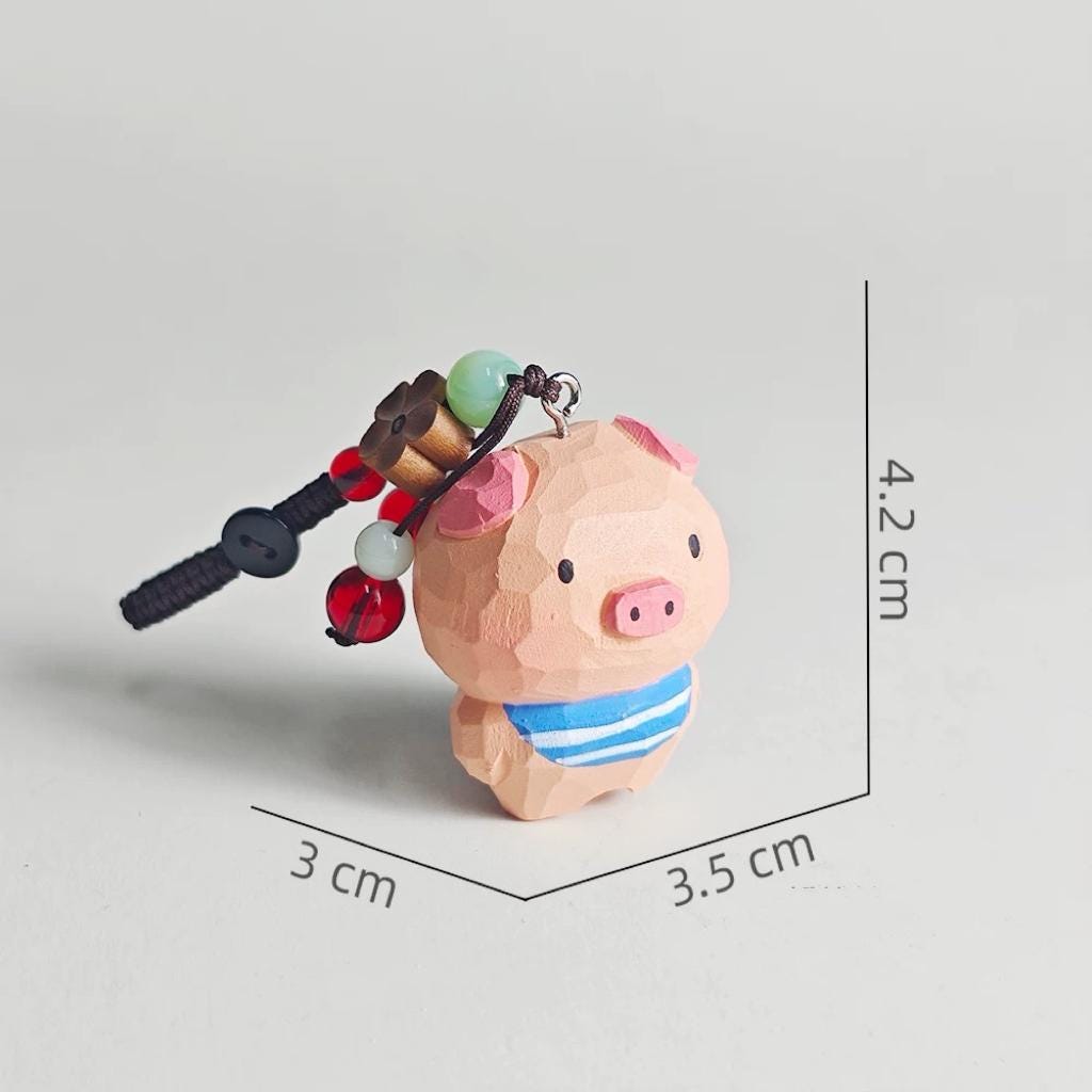 Japanese Style Hand Carved Pig Pendant, Wooden Pig Keychain, Cute Pig Bag Charm, Blue Scarf Pig Charm, Animal Backpack Pendant, Lucky Gift