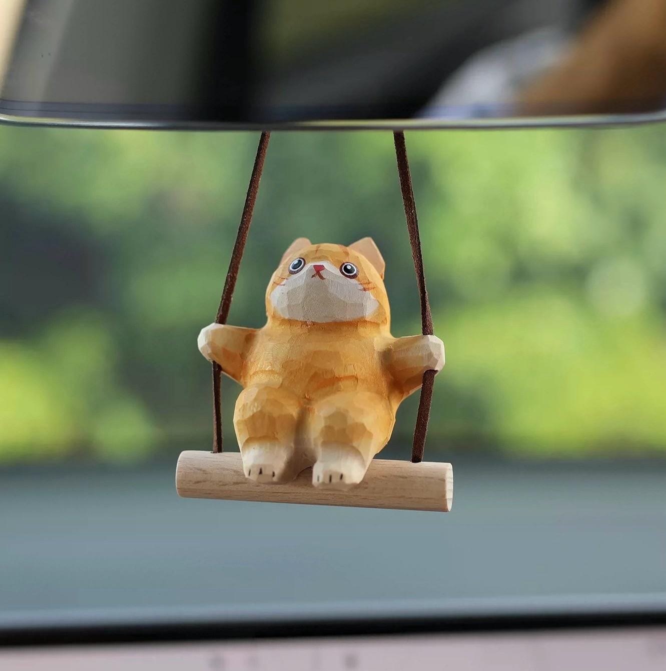Japanese Style Orange Cat Swing Hanging Ornament, Hand Carved Wooden Cute Cat Charm, Rearview Mirror Decor, Car Hanging Gift