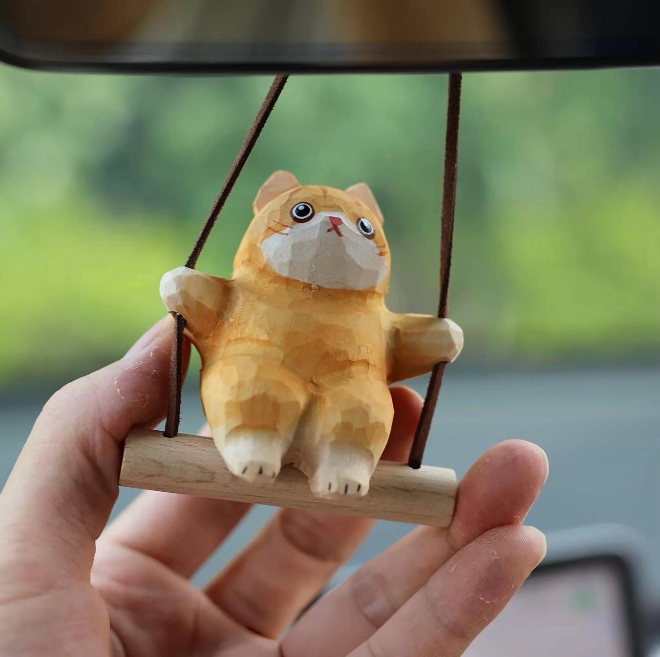 Japanese Style Orange Cat Swing Hanging Ornament, Hand Carved Wooden Cute Cat Charm, Rearview Mirror Decor, Car Hanging Gift