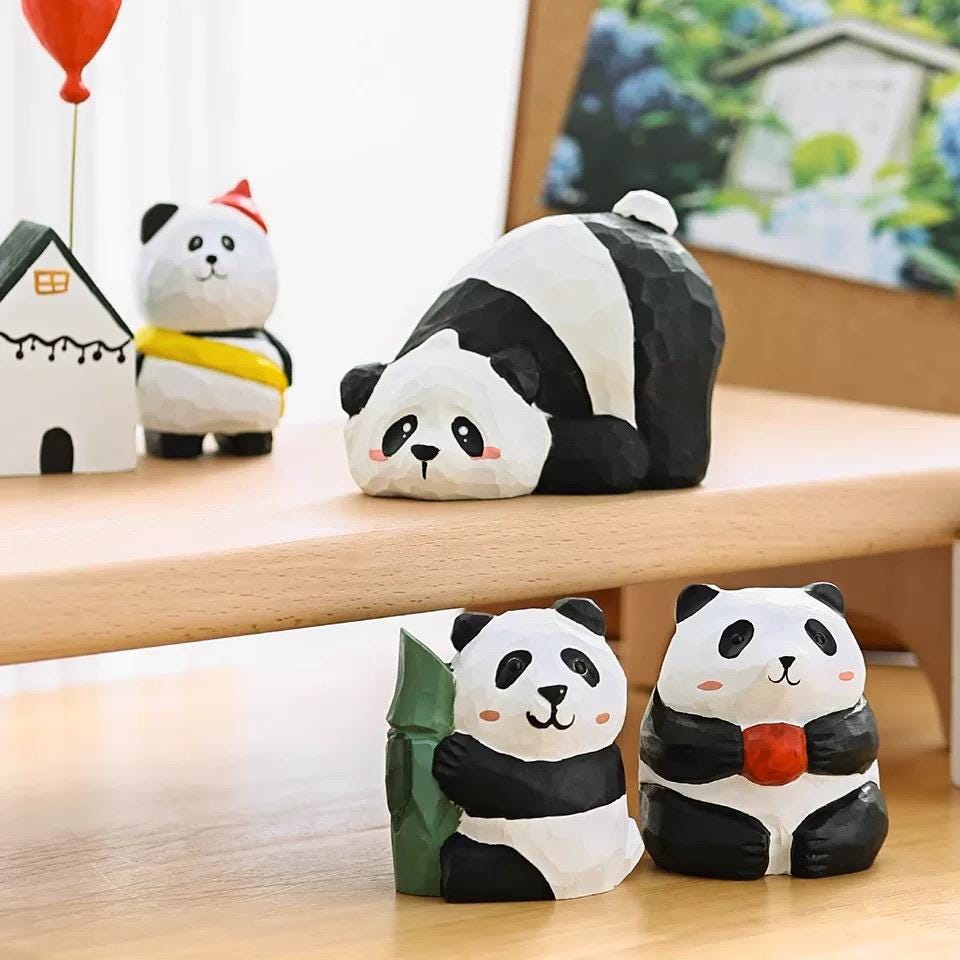 Japanese Style Panda Wooden Figurine, Hand Carved Cute Panda Ornament, Mini Desk Decor, Animal Sculpture, Gift for Panda Lovers