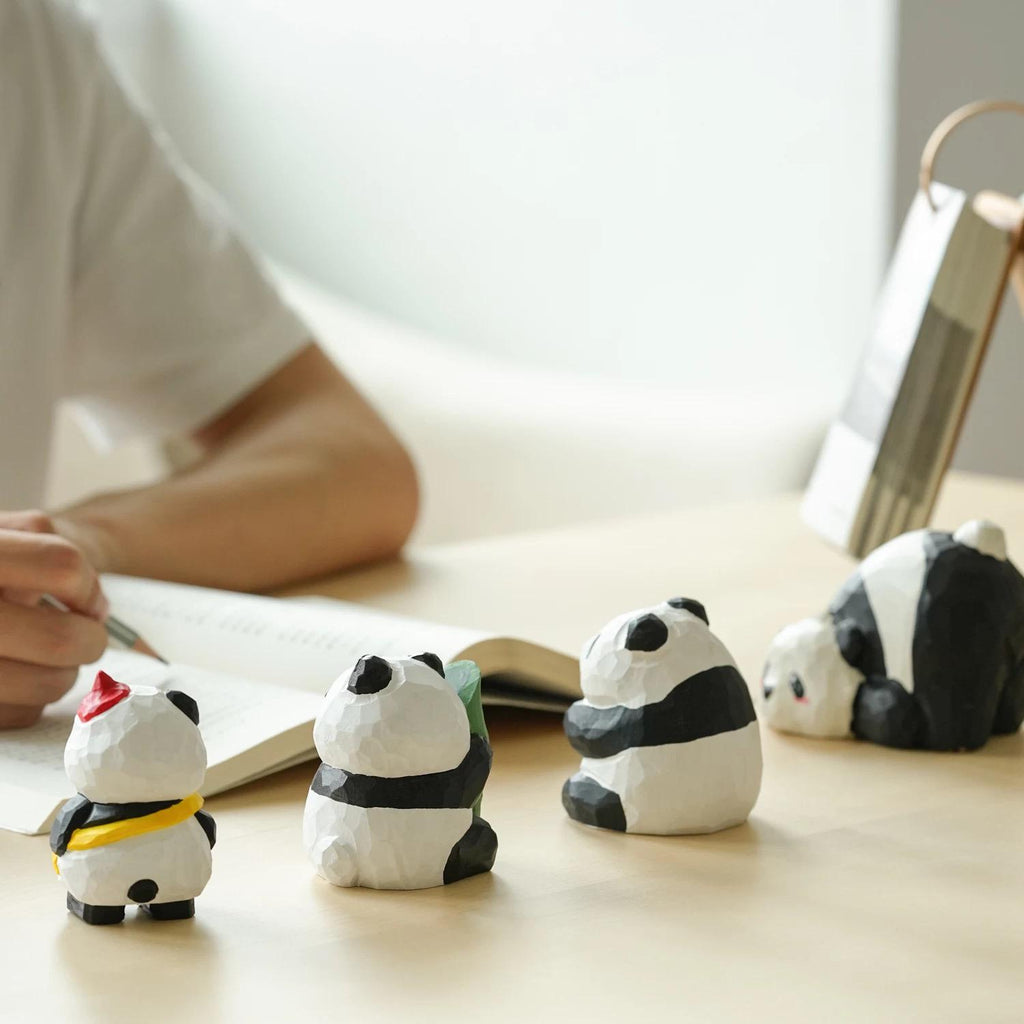 Japanese Style Panda Wooden Figurine, Hand Carved Cute Panda Ornament, Mini Desk Decor, Animal Sculpture, Gift for Panda Lovers