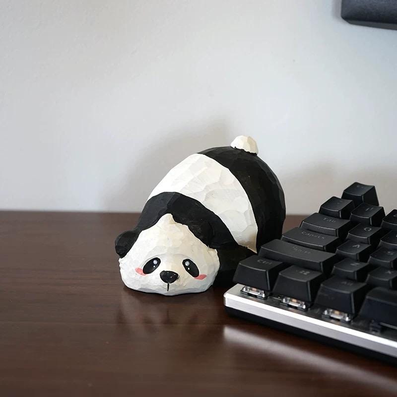 Japanese Style Panda Wooden Figurine, Hand Carved Cute Panda Ornament, Mini Desk Decor, Animal Sculpture, Gift for Panda Lovers