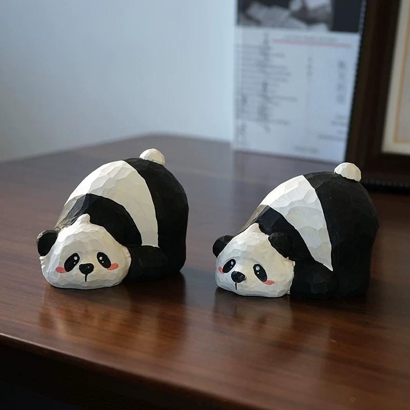 Japanese Style Panda Wooden Figurine, Hand Carved Cute Panda Ornament, Mini Desk Decor, Animal Sculpture, Gift for Panda Lovers