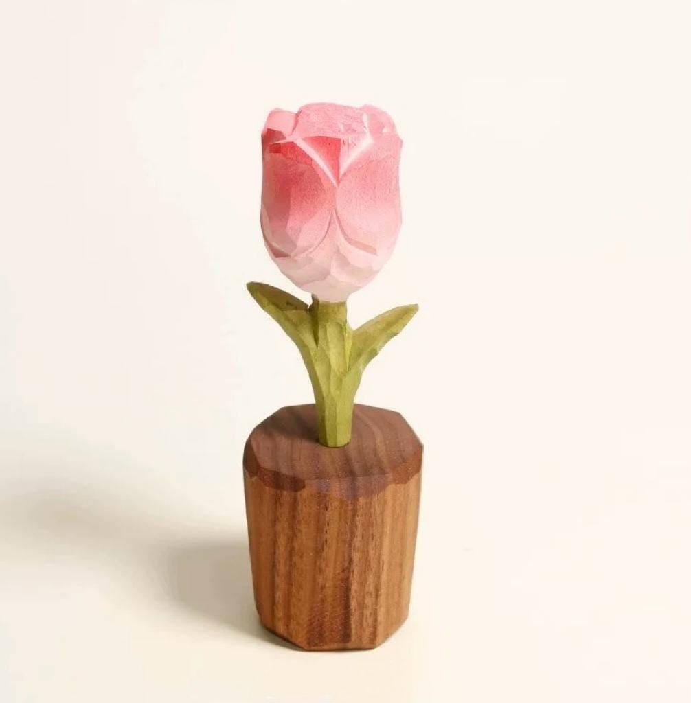 Japanese Style Wooden Rose Figurine, Hand Carved Rose Flower Ornament, Romantic Desk Decor, Cute Couple Gift, Handmade Wooden Sculpture