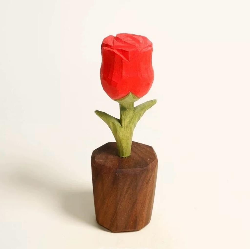 Japanese Style Wooden Rose Figurine, Hand Carved Rose Flower Ornament, Romantic Desk Decor, Cute Couple Gift, Handmade Wooden Sculpture